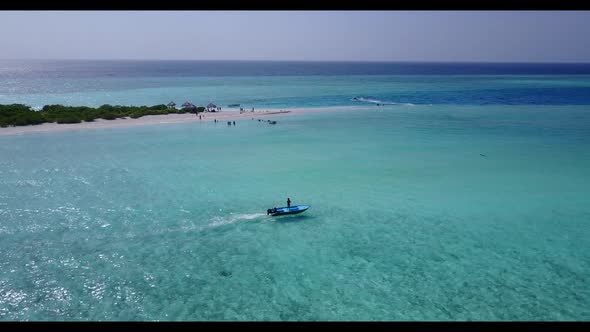 Aerial tourism of idyllic seashore beach time by blue sea and white sandy background of adventure ne