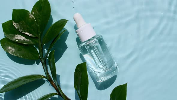 Glass Cosmetic Bottle with Pipette Lies on the Surface of the Water