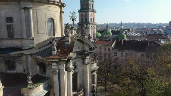 Aerial Video of Dominican Church in Central Part of Old City of Lviv, Ukraine