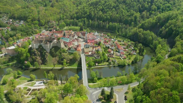 Aerial View of Loket Castle, Surrounded By River Ohri, Czech Republic