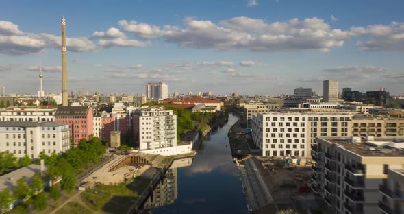 AERIAL: Beautiful Drone Hyper Lapse, Motion Time Lapse Over Berlin River in European City with
