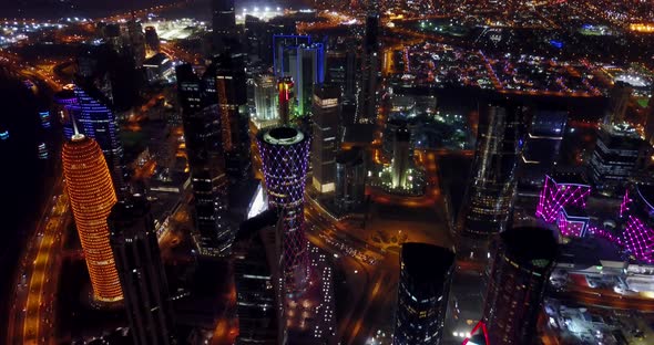 Doha at night, top view, night city lights, Qatar aerial