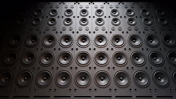 Modern speakers stacked in an endless wall loop. Membranes vibrate, studio mood.