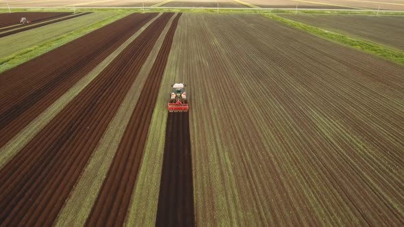 Tractor Cultivates the Land in the Field