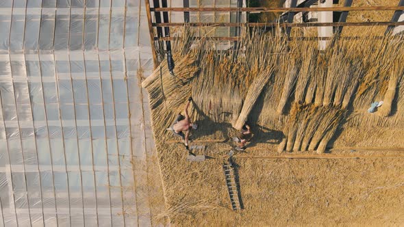 Aerial Top View the Roof of a Large House with Dry Straw and Hay. Workers Who Install the Roof.