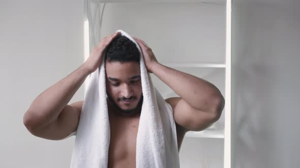 Morning Hygiene Bathroom Routine Man Wiping Hair