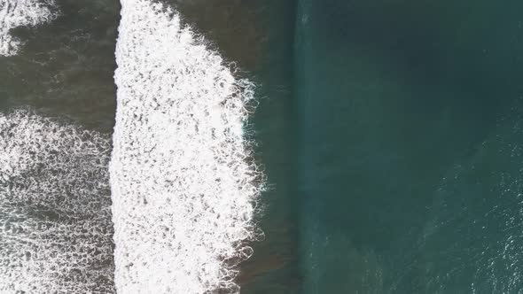 Aerial View of Ocean waves going into shore on Dominical Beach in Costa Rica, Static Top Down