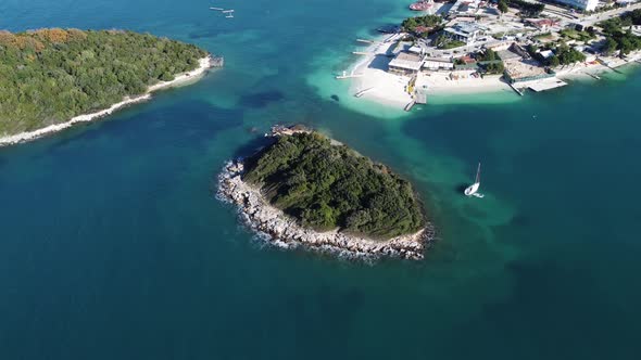 Aerial drone view of the beautiful seaside coast on a sunny day