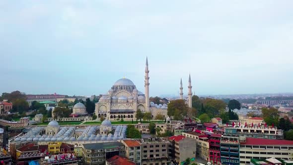 Aerial footage of Suleymaniye Mosque from a foggy day