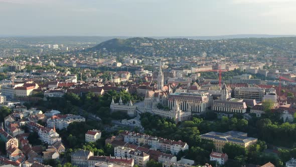 Drone shot of Matthias Church and Fisherman's Bastion, Budapest, Hungary