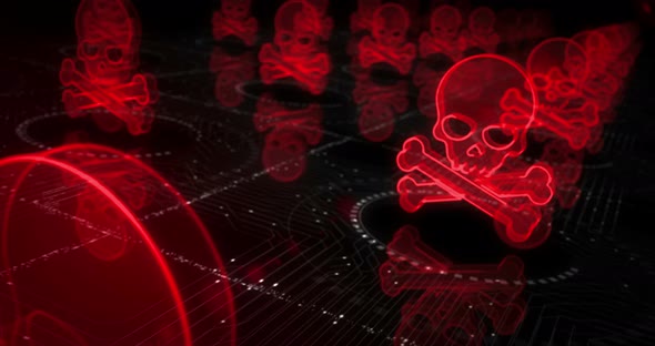 Skull pirate and online cyberattack symbols loop cyber concept