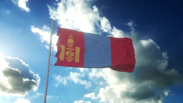 Flag of Mongolia Waving at Wind Against Beautiful Blue Sky