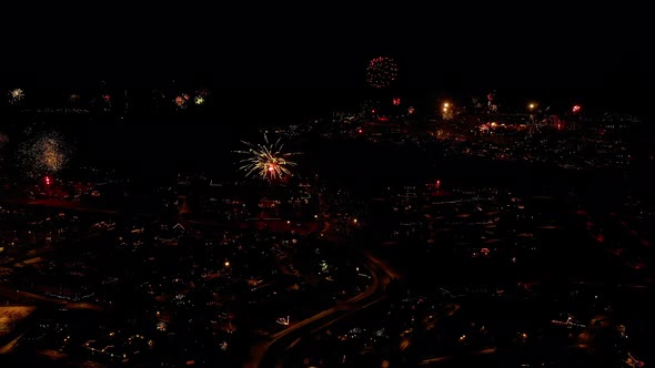 Aerial View Of Fireworks Display To Welcome New Year 2022 In Iceland.
