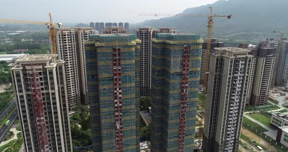 Aerial footage of multistory apartment construction site in China