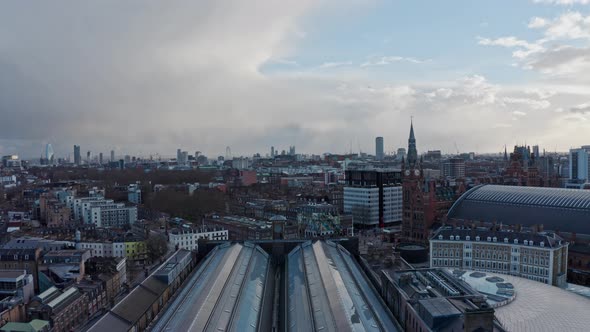 Slow drone shot looking south from Kings cross train station roof London