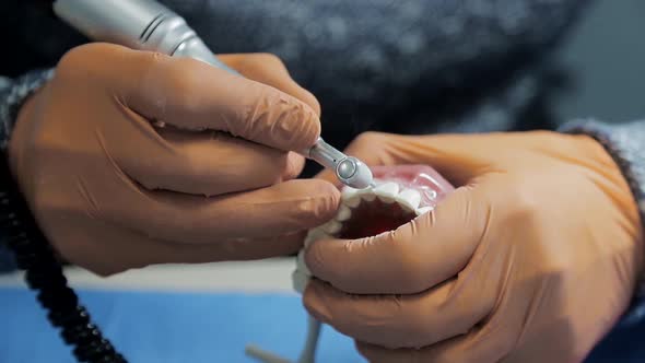 Close-up of a Dentist Practicing on a Mock-up of a Skeleton of Teeth Using a Drill Machine. the