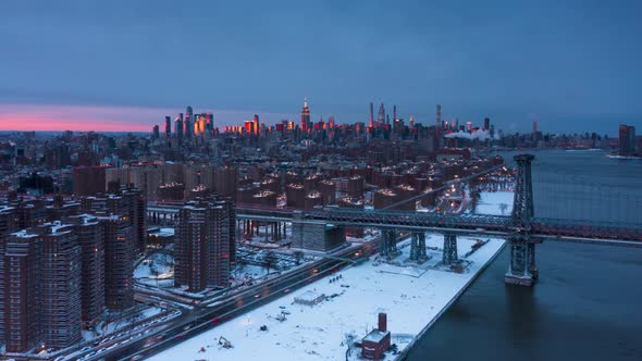Aerial view on NYC at sunset after the snowstorm