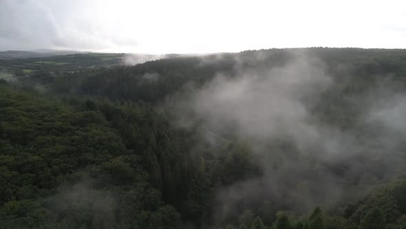 Aerial shot of foggy woodland deep in the countryside, lots of low hanging mist