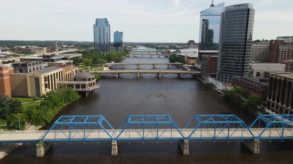 Grand Rapids, Michigan bridge and river drone view.