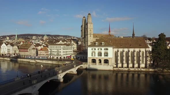 Aerial view of Water Church in Zurich, Switzerland