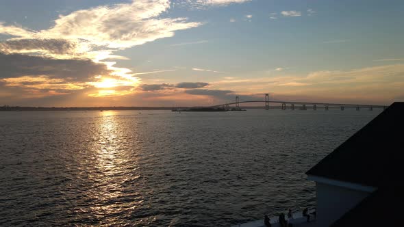 Aerial View of Claiborne Pell Suspension Bridge in Newport Rhode Island at Sunset From Goat Island