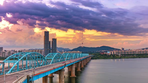 Time Lapse Traffic Sunset at dongjak bridge  of Seoul City South Korea