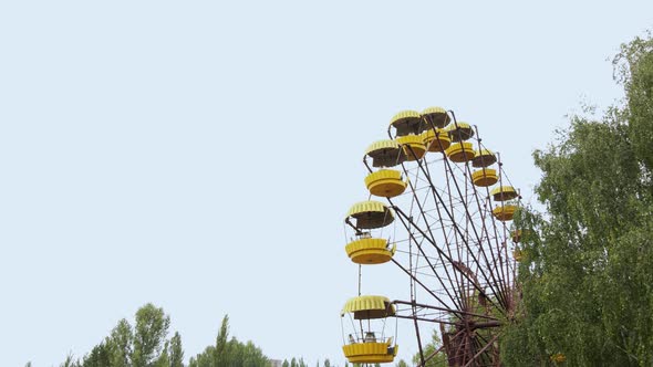 Aerial view of old abandoned Ferris wheel in the ghost town Pripyat