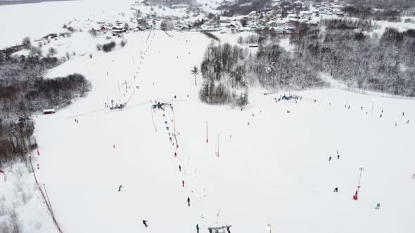 Panoramic Top View From Drone on Cable Way in Ski Resort