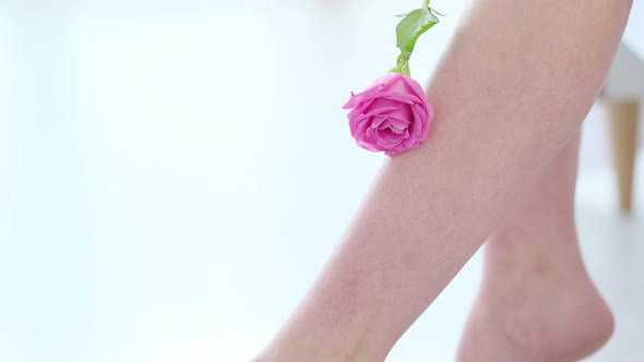 Unrecognizable Woman Runs a Fresh Rose Over the Skin