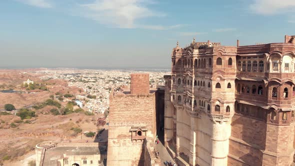 view of Mehrangarh Fort's facades overlooking the terraces and features surrounded by prey birds