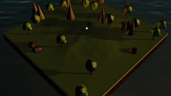 Abstraction of isometric animation island with trees, stones and campfire surrounded by water