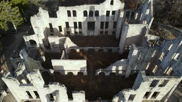 European Historical Medieval Stone Castle Ruins, Aerial Establishing