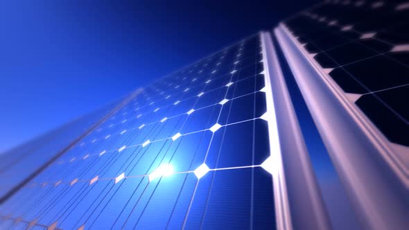 Loopable animation of endless solar energy panels arrangement at blue sky. HD