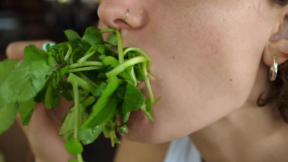 Close Up of Young Eco Blogger Eating Fresh Organic Spinach with the Fork for Her Dieting