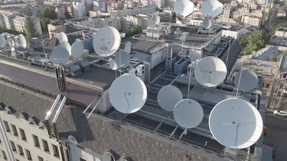 Kyiv, Ukraine: TV Antennas on the Roof of the Building. Aerial. Flat, Gray