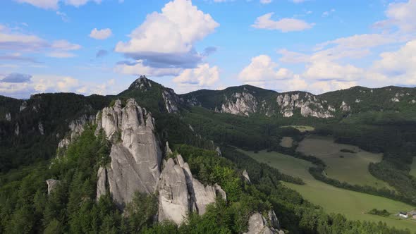 Aerial view of the Sulov rocks nature reserve in the village of Sulov in Slovakia