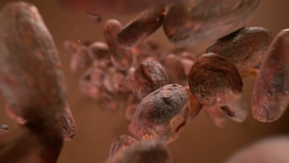 Super Slow Motion Detail Shot of Raw Chocolate Beans Falling Down on Brown Background at 1000Fps