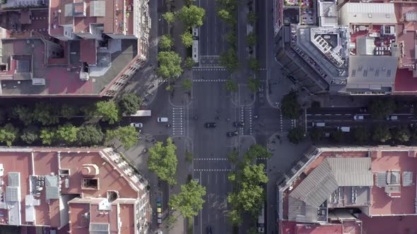 Vehicles Driving Through an Intersection in Barcelona City Bird's Eye View