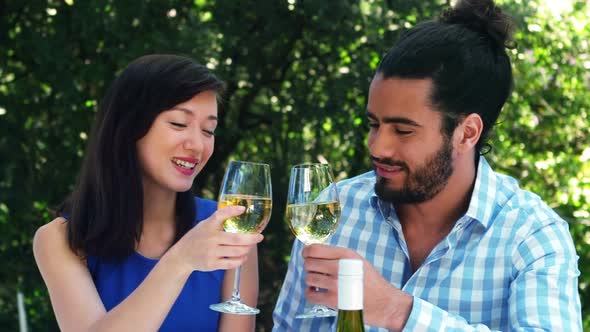 Smiling romantic couple toasting wine glasses