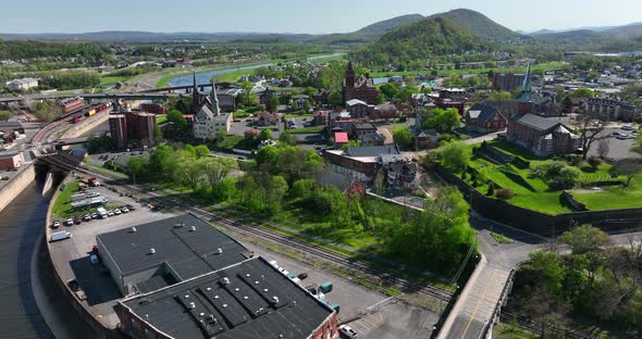 Cumberland Maryland. Aerial of Potomac River and West Virginia Appalachian Mountains. Church steeple