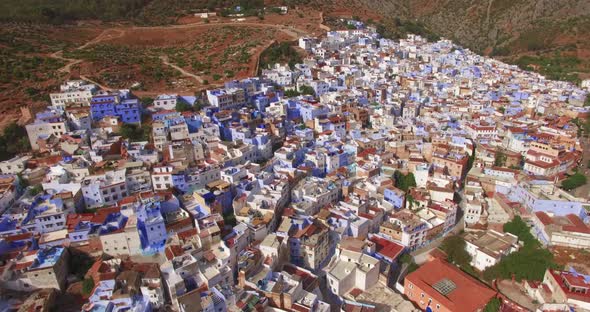 Chefchaouen, Morocco Cityscape. Wide Aerial Shot. Aerial