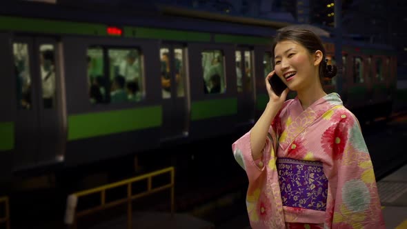 Japanese Woman Kimono Tokyo Japan Train