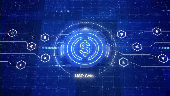 USD digital stablecoin animated logo. Animation of USDC cryptocurrency. Crypto in digital world