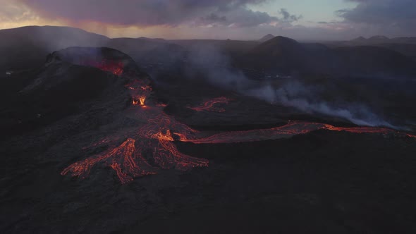 Drone Of Molten Lava Flow From Erupting Fagradalsfjall Volcano