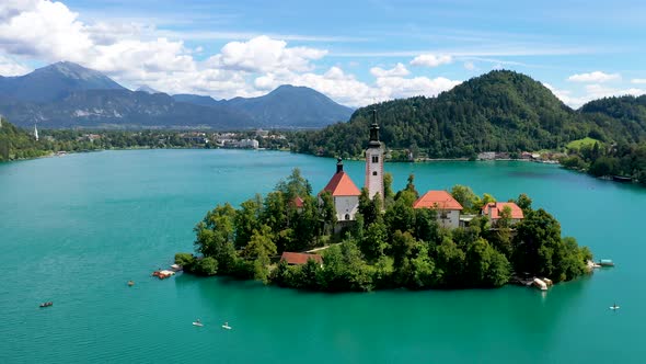 Lake Bled Island with church cinematic side view