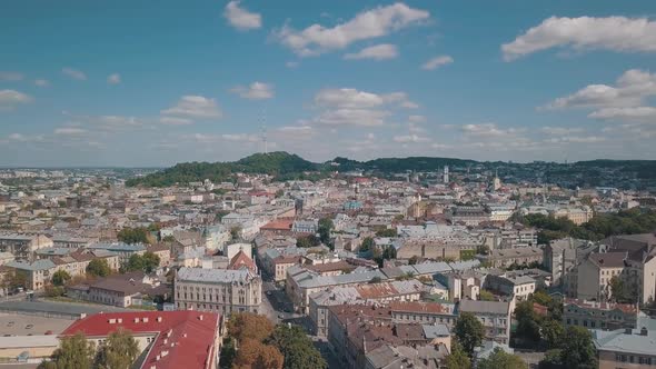 Aerial City Lviv, Ukraine. European City. Central Part of Old European City