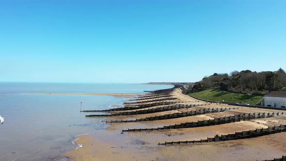 An Aerial View of an Empty Sandy Beach. Pandemic Quarantine. Whitstable, Kent, UK