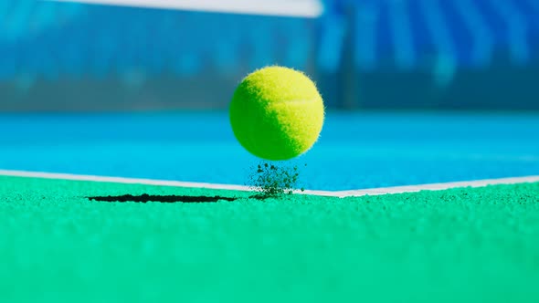 Slow-motion animation of a tennis ball hitting outside the court.The ball is out