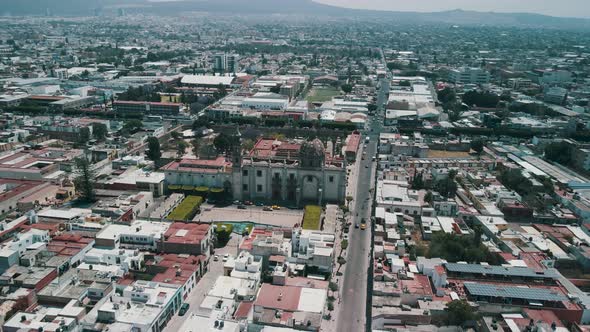 Aerial rotational view of downtown city of Queretaro in Mexico