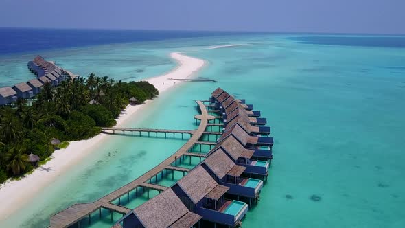 Aerial tourism of sea view beach time by lagoon with sand background